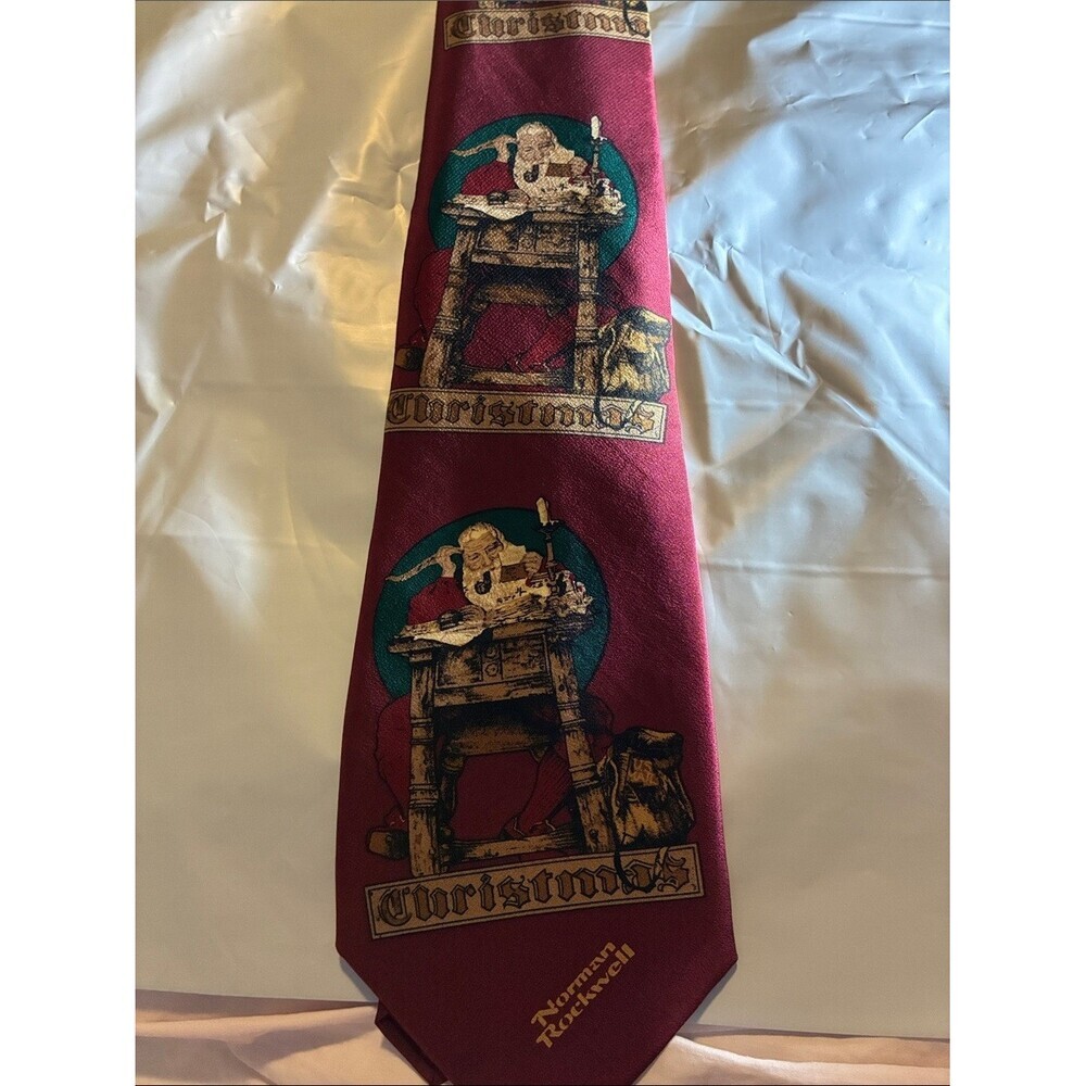 Norman Rockwell Red and Teal Christmas Santa Print Tie - Picture 4 of 4